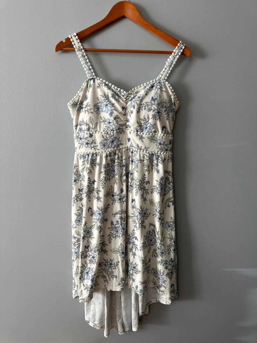 No Boundaries Floral High Low Dress Womens Large Cottagecore Boho Blue White